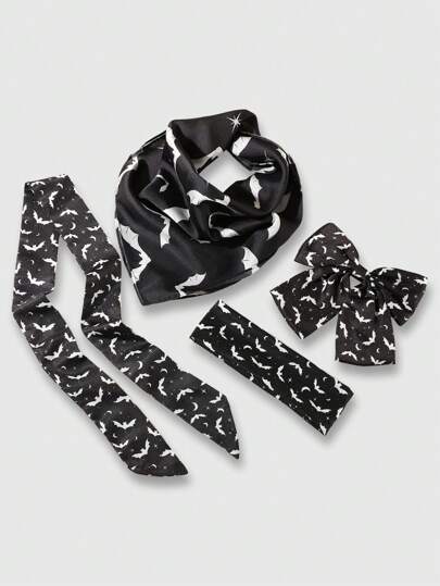 Grunge Punk 4 قطع: شريط رأس بطبعة خفافيش سوداء + مشابك شعر + وشاح، مجموعة إكسسوارات، طابع جمالي للشارع Y2K مناسب للحياة اليومية وحفلات الشوارع والمزيد للنساء، هالوين