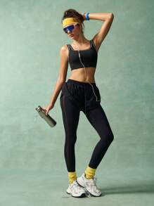 VARSIVA Versatile Black 2-In-1 Active Bottoms For Women Long Knitted Leggings Featuring Tummy Control, D Outer Drawstring Shorts With Mesh Details Perfect For Gym Workouts And Yoga.