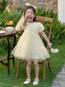 Dazy Kids Young Girls Round Neck Sequin & Lace Patchwork Midi Party Dress - Apricot - View 1