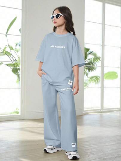 青少年女孩休闲简约纯色印花套头衫和纯色图案宽松运动裤套装，街头风格运动休闲装，春秋季