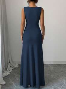 Elenzga Women's Elegant Sleeveless Round Neck A-Line Blue Knitted Dress, With Waist Pleats, Suitable For Spring And Summer - Navy Blue - View 2