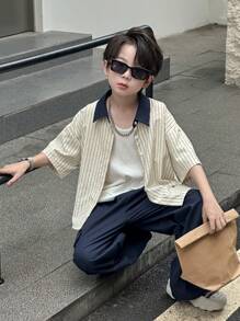 Dazy Kids 3 件套青少年男童秋季服装包括：条纹翻领拼色短袖衬衫 + 裤子套装、加大码幼儿男童、返校服装 - 彩色 - 查看 1