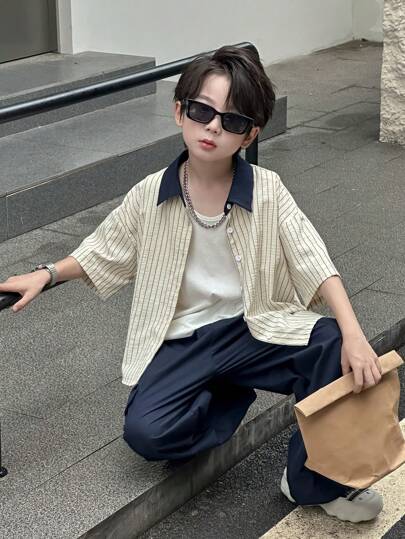 Dazy Kids 3 件套青少年男童秋季服装包括：条纹翻领拼色短袖衬衫 + 裤子套装、加大码幼儿男童、返校服装