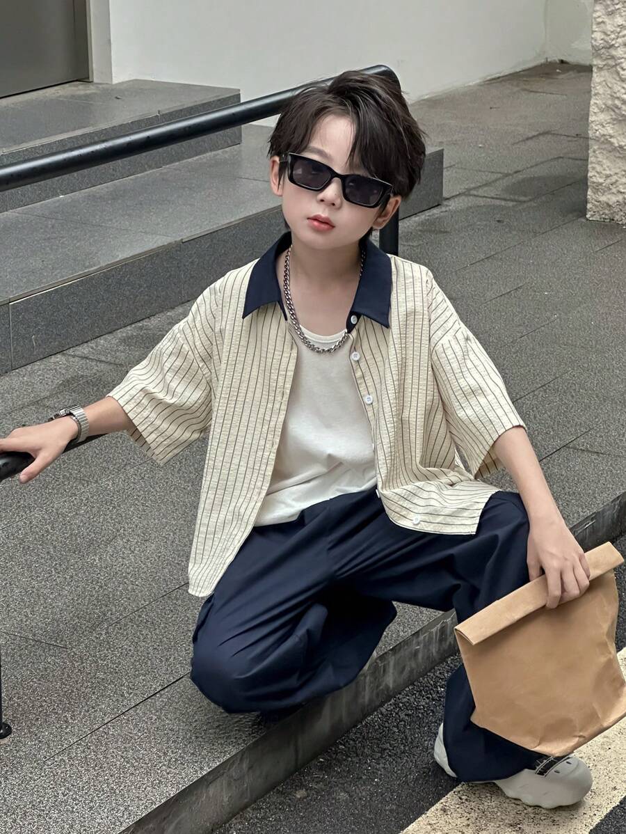 Dazy Kids 3 件套青少年男童秋季服装包括：条纹翻领拼色短袖衬衫 + 裤子套装、加大码幼儿男童、返校服装 - 彩色 - 查看 1