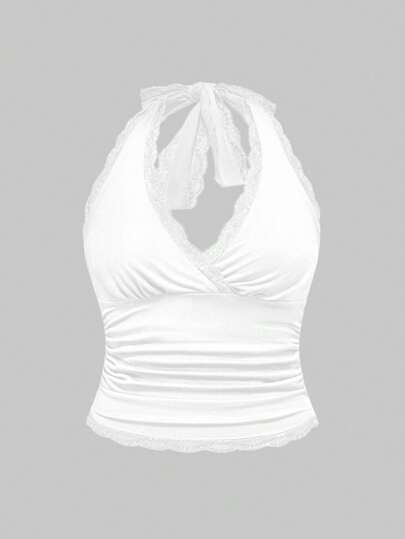 Grunge Punk Plus Size Women Y2K Style Ruched Lace Halter Neck Camisole