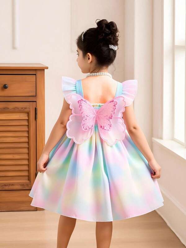 Girls Rainbow Gradient Cap Sleeve Elastic Waist Big Bow Back Decor Party Dress, Suitable For Party And Gathering