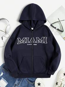 SHEIN 少女休闲学院风街头风保暖连帽拉链卫衣外套，简约字母印花贴袋宽松落肩长袖设计，藏蓝色，适合秋冬季女童穿着。 - 藏蓝色 - 查看 2