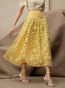 Anewsta 新款女装优雅水溶花边浪漫蓬松裙夏装奶油黄 - 黃色 - 查看 6