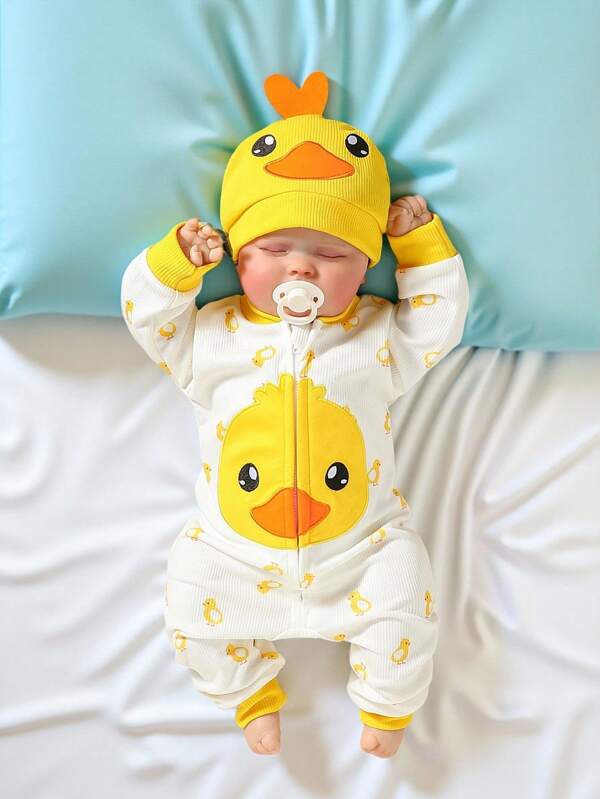 SHEIN Persoplay Kids Salopă casual cu mânecă lungă pentru sugari, cu imprimeu drăguț cu rațe și căciulă, potrivită pentru joacă acasă sau activități în aer liber primăvara/toamna