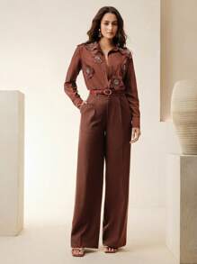 Anewsta Women's Collar Long Sleeve Shirt With 3D Pearl Embroidered Sheer Detailed, Fashionable Modest Spring Fall - Burgundy - View 7