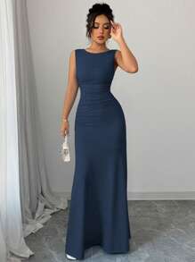 Elenzga Women's Elegant Sleeveless Round Neck A-Line Blue Knitted Dress, With Waist Pleats, Suitable For Spring And Summer - Navy Blue - View 5