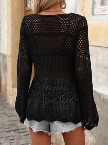 SHEIN Tall 时尚镂空系带女式夏季开衫 - 黑色 - 查看 2