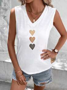 EMERY ROSE Casual Heart Pattern V-Neck Regular Women Tank Top Suitable For Summer Back To School