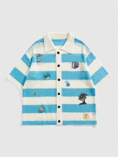 Street Life Preppy Men's Embroidered Patch Striped Loose Knit Shirt, Short Sleeve Knit Top