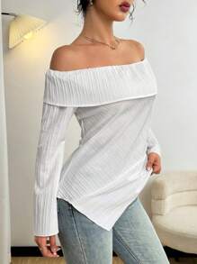 Modelyn Blusa de verano con hombros descubiertos, textura estriada y asimétrica para mujer - Blanco - Ver 4