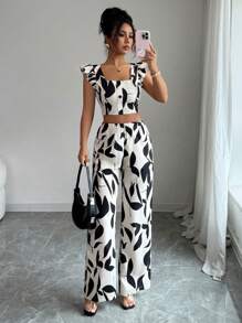 Selianne 2pcs Women Summer Casual Full Print Ruffle Hem Crop Top And Long Pants Set - Apricot - View 1