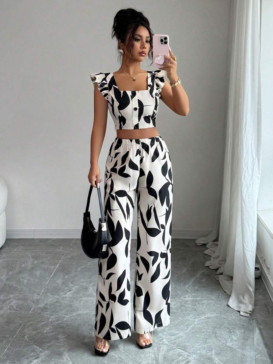 Selianne 2pcs Women Summer Casual Full Print Ruffle Hem Crop Top And Long Pants Set - Apricot - View 1