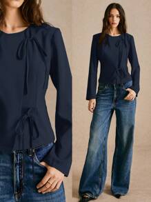 Poéselle Áo khoác blazer buộc dây màu trơn tay dài thường ngày cho nữ, trang phục công sở, thường ngày, mùa thu/đông - Màu xanh hải quân - Xem 8