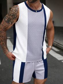 Manfinity Homme Plus Size Men's Casual Contrast Color Round Neck Tank Top And Shorts Set, Summer - White - View 4