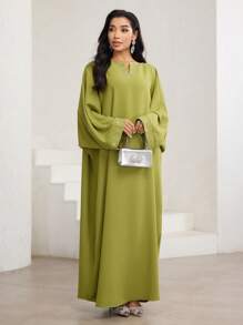 Veilorie 女士优雅水钻镂空领口宽松长袖阿拉伯风格连衣裙 - 綠色 - 查看 4