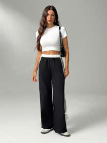 SHEIN Tall Women's Black Woven Fabric Casual Long Pants With Side Stripe Detail And Ankle Ties