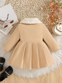 SHEIN Vintaside Kids 女嬰毛領蝴蝶結貼花風衣，秋冬米色可愛款 - 駝色 - 查看 2