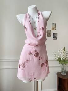 SHEIN EZwear Women's Floral Sequin Draped Neck Sleeveless Woven Halter Dress, Pink - Pink - View 8