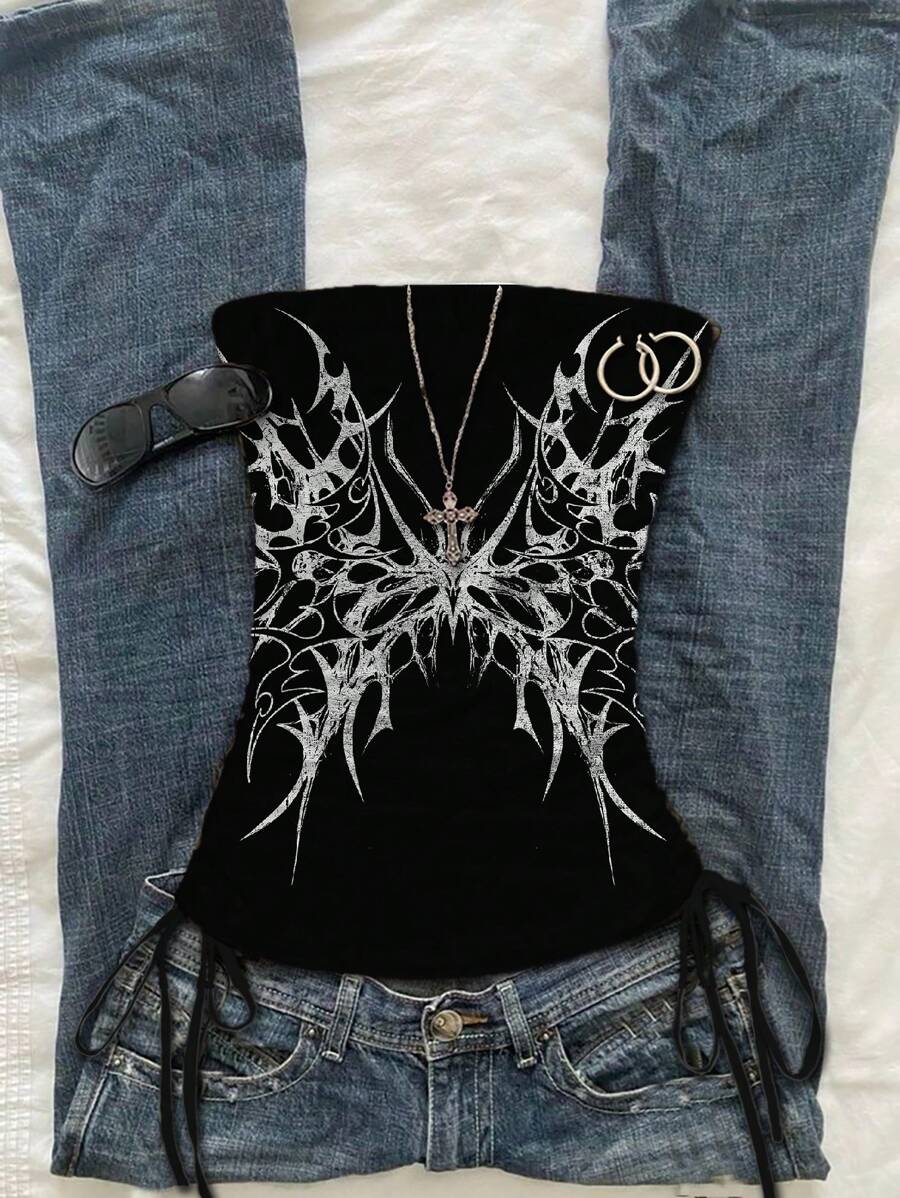 Attitoon 蝴蝶翅膀复古朋克图案性感，音乐节，Y2K 风格，女式休闲波西米亚风度假露背上衣，搭配褶饰领带 - 黑色 - 查看 1