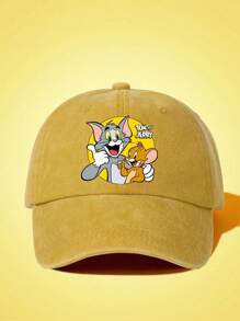 TOM & JERRY X SHEIN Fashion Cartoon Cat Print Washed Baseball Cap - Yellow - View 1