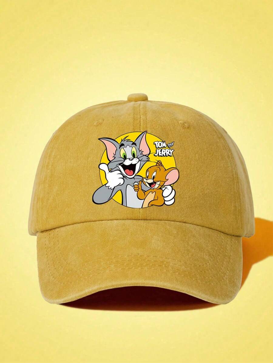 TOM & JERRY X SHEIN Fashion Cartoon Cat Print Washed Baseball Cap - Yellow - View 1