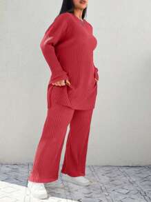 EURMUSE Plus Size Women Solid Color Rib Knit Long Sleeve Top & Pants 2 Pieces Set, Casual Everyday Wear - Watermelon Pink - View 5
