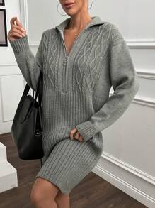 EURMUSE Women Solid Color Cable Knit Pattern Zipper Detailed Drop Shoulder Mini Sweater Dress,Petite - Grey - View 1