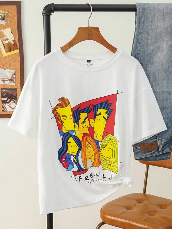 FRIENDS X SHEIN EDUVISMO ART Plus Size Minimalist Print Round Neck Short Sleeve T-Shirt, Summer