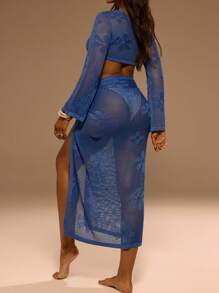 Swim Chiccia 2 件套女士优雅度假系带上衣和围裙针织套装，蓝色