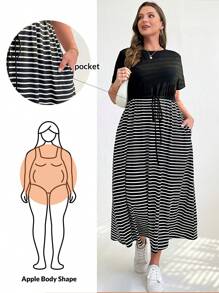 Shapeblank 大码时尚休闲通勤优雅工作自由人士返校服装教师服装商务职业骄傲服装沙滩女装黑色半身裙秋季服装音乐会女装圆领口袋连衣裙夏季短袖条纹印花连衣裙长裙 - 黑色 - 查看 1