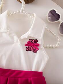 SHEIN Baby Girl Cute Cartoon Print Knitted Sleeveless Top And Elastic Waist Pleated Skirt Set, Summer