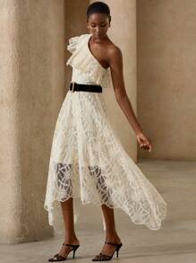 BELROSIE New Summer French Style Oblique Shoulder Ruffle Organza Embroidered Flared Sleeveless Dress - Apricot - View 4