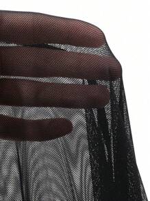 FRIFUL 女士网纱拼接圆领宽松优雅长袖衬衫 - 黑色 - 查看 8