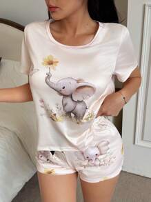 Bộ đồ ngủ 2 món áo tay ngắn in hình chú voi dễ thương và quần short - Nhiều màu - Xem 6