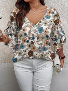 SHEIN LUNE Blusa de mujer de talla grande con estampado floral y ribete de volantes, adecuada para el uso diario en verano