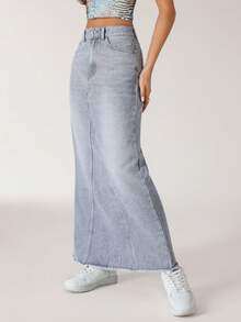 SHEIN EZwear 女式休闲日常洗水开口袋牛仔裙 - 藍色 - 查看 5