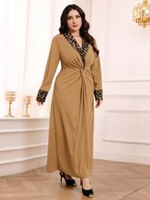 Modelyn 大码女式豹纹拼布扭腰优雅连衣裙 - 駝色 - 查看 5