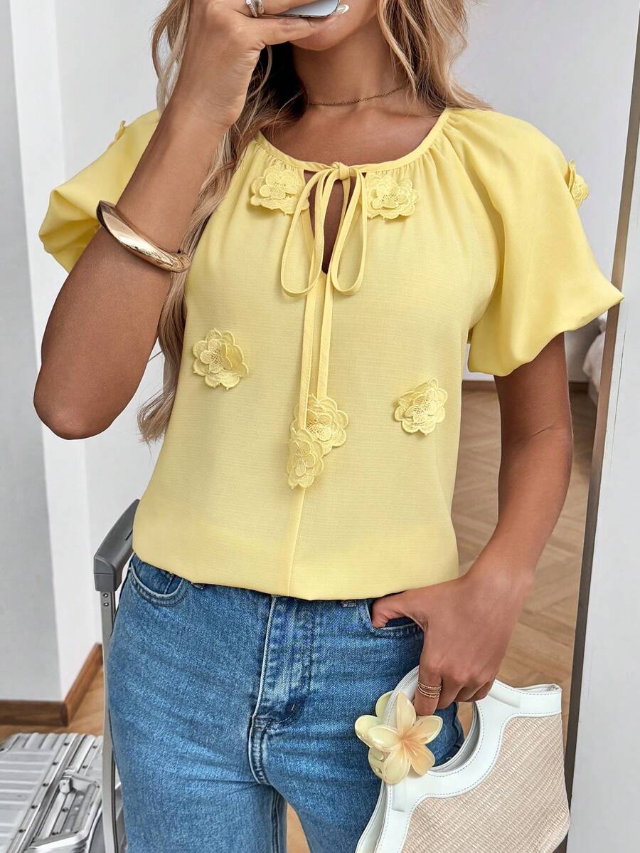 SHEIN LUNE Ladies' Casual 3D Flower Puff Sleeve Yellow Blouse Butter Yellow Top Summer Outfits For Women Vacation Outfits Woman Going Out Tops Women Vacation Outfits Women Teacher Outfits For Women Cute Shirts Summer Clothes Women Old Money Style Women Butter Yellow Country Outfits Women Bohemian Clothes Work Tops Tie Front Top - Yellow - View 1