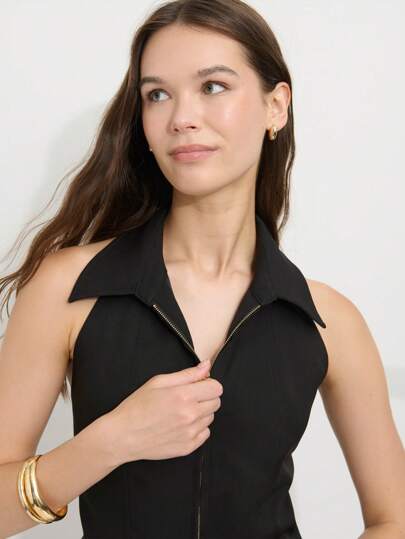 Nöista 修身光滑弹力翻领拉链前开襟无袖上衣；轻盈透气面料；是女士海滩度假和休闲骄傲庆祝活动的理想之选；也是女士机场出行的百搭单品；时尚夏季必备。