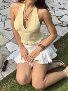 SHEIN SunnyBelle 纹理面料露背深V拼接荷叶边吊带背心 - 黃色 - 查看 1
