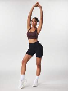 SHEIN Sports Women's Comfortable Brown Cropped Spaghetti Strap Sport Bra Top With Open-Back Lace-Up Detail For Yoga & Gym - Brown - View 7