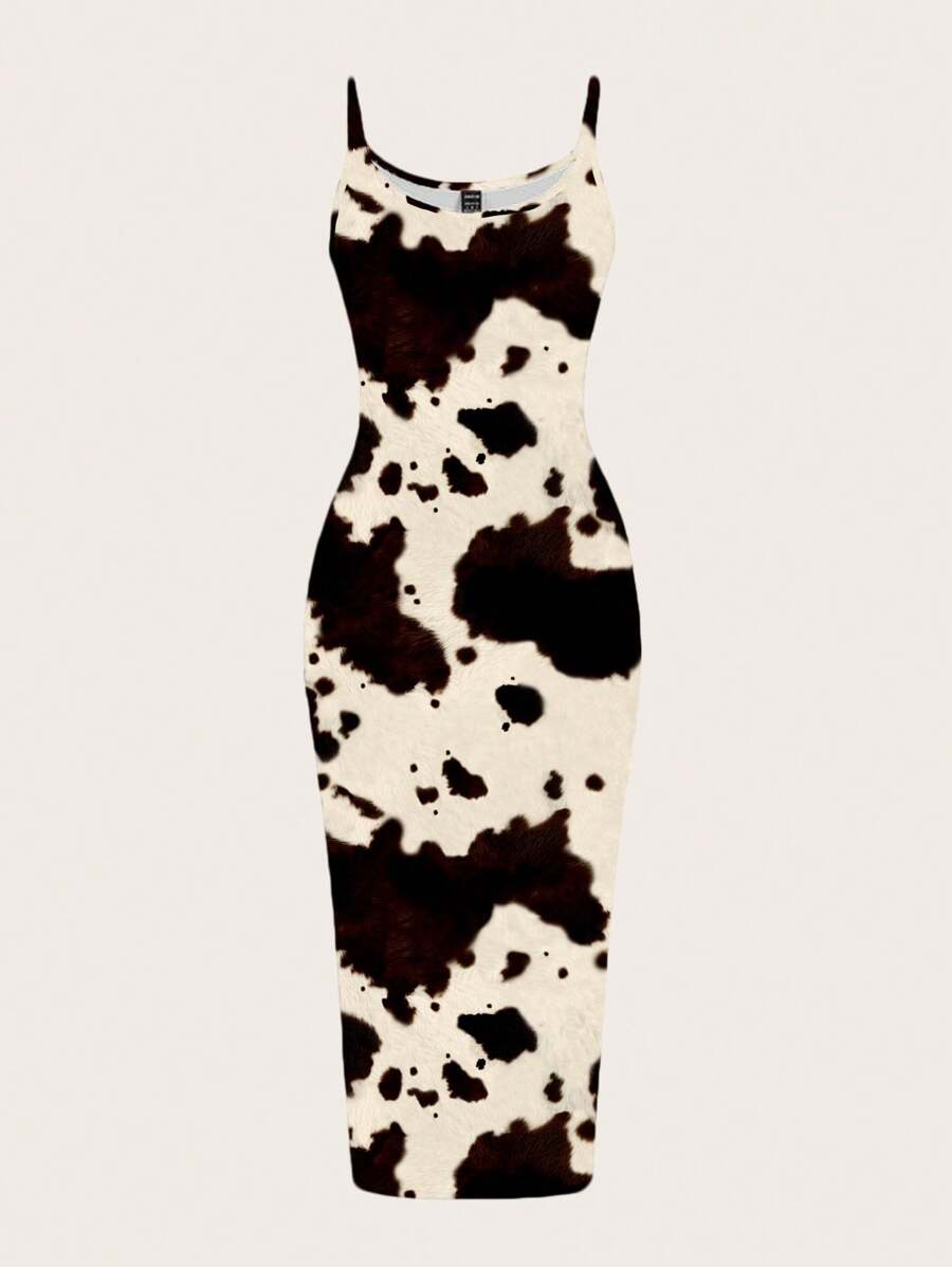 SHEIN EZwear 休闲紧身吊带长裙，适合夏季、音乐节、牛仔印花、西部风情 - 彩色 - 查看 1