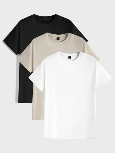 Manfinity BRENVOR 3pcs Pack Men Casual Solid Color Short Sleeve T-Shirt, For Going Out, For Friends