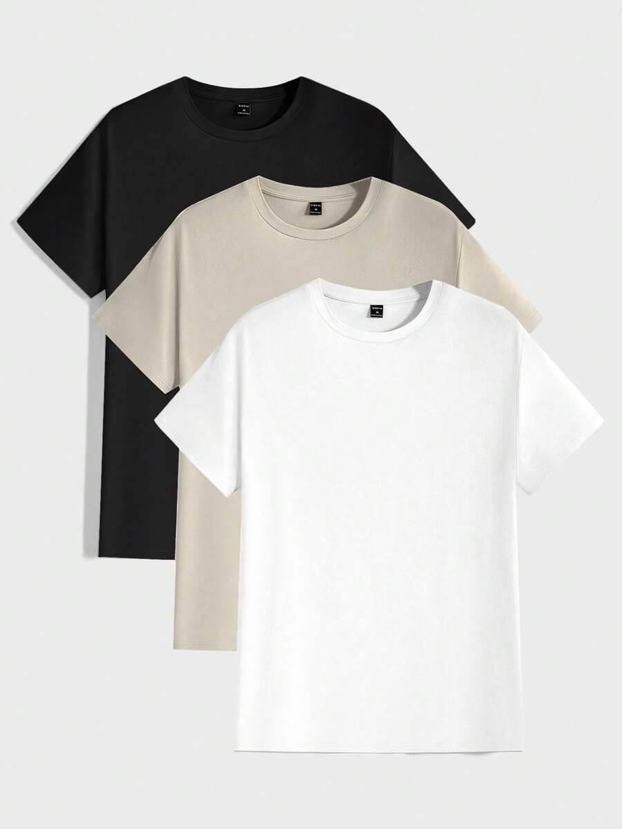 Manfinity BRENVOR 3pcs Pack Men Casual Solid Color Short Sleeve T-Shirt, For Going Out, For Friends - Khaki - View 1