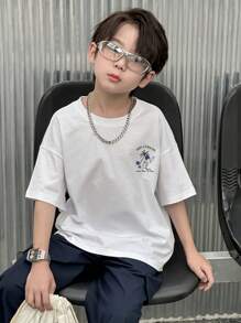 DAZY Tween Boys Oversized Round Neck Knit Printed Short Sleeve T-Shirt, Summer,Back To School Clothes